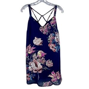 NWT Umgee USA Small Navy Floral Crisscross Back Sleeveless Swing Tank Top Boho